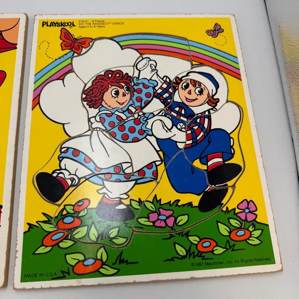Vintage 1987 Playskool Raggedy Ann Andy Wood Tray Puzzles Set 216-05 216-01